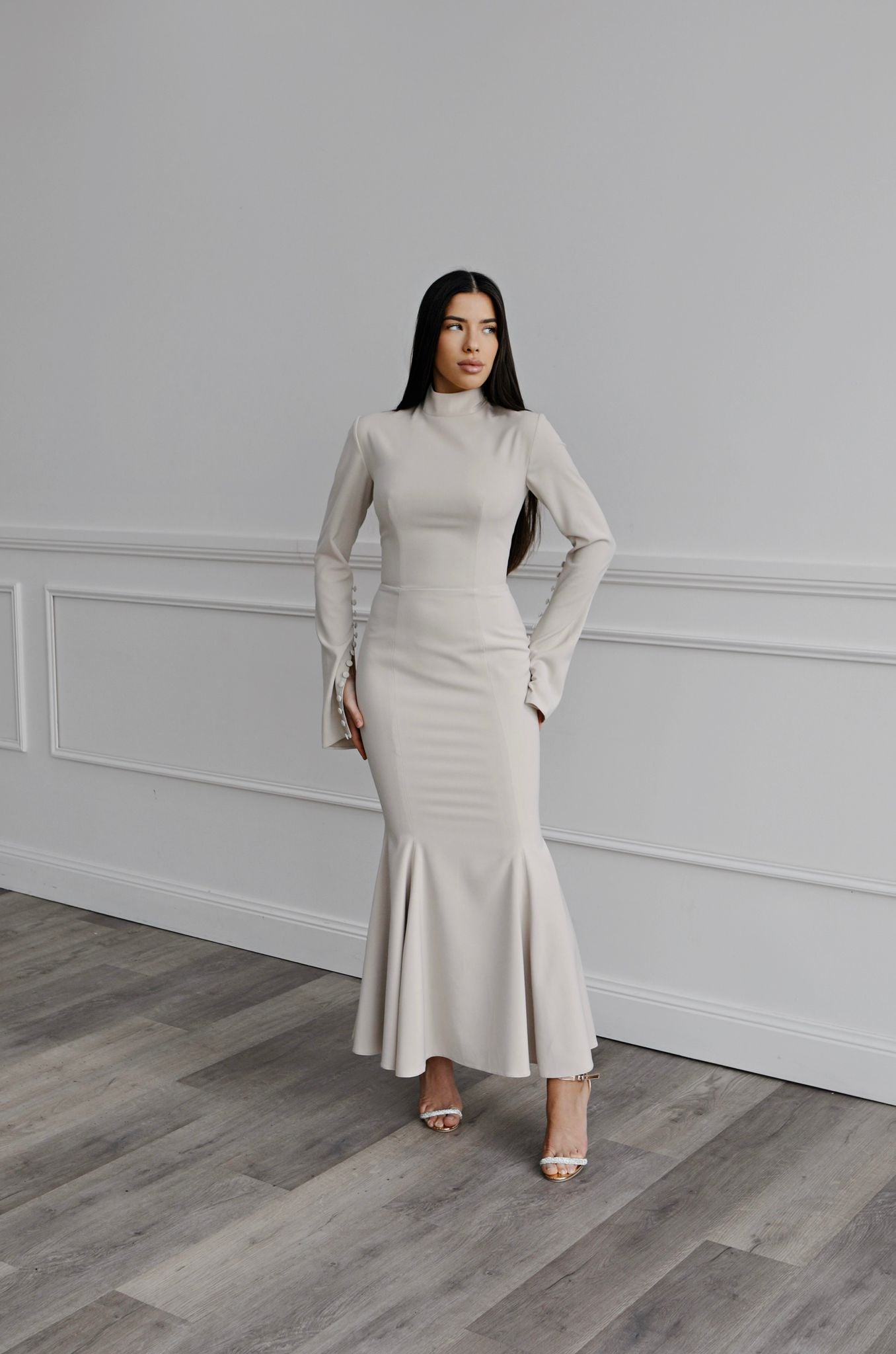 long sleeve dress hire Rent Dilara Beige dress for your special occasion – Dresshouse Formal Hire